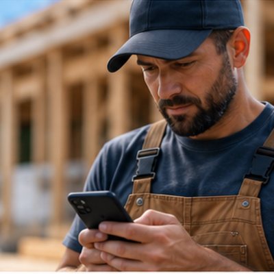 Contractor checking his phone at a job site