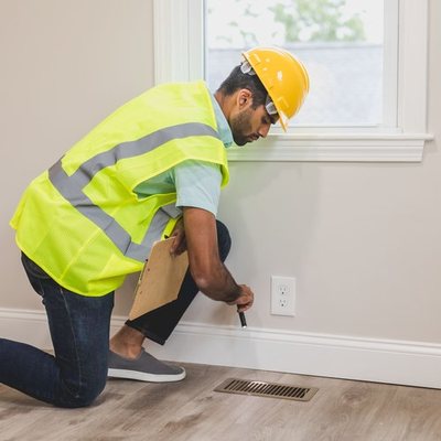 Maintenance worker inspecting a vent inside an apartment