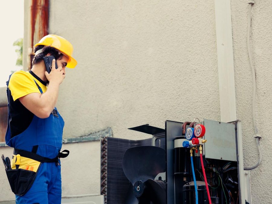 Maintenance technician taking a phone call on a rooftop job site